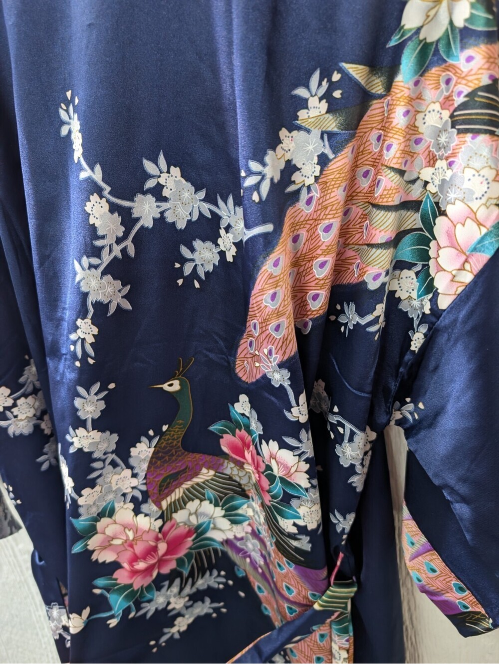 Oriental Village Silk Collection Peacock Blue Soft Silk Robe Kimono One Size - Picture 7 of 7